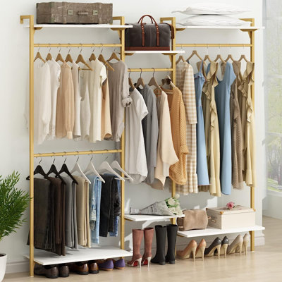 Rebrilliant Oloran Gold Wall Mount Clothes Rack with 4 Hanging Rods Clothing Rack with 6 Tier Adjustable Shelves Reviews Wayfair